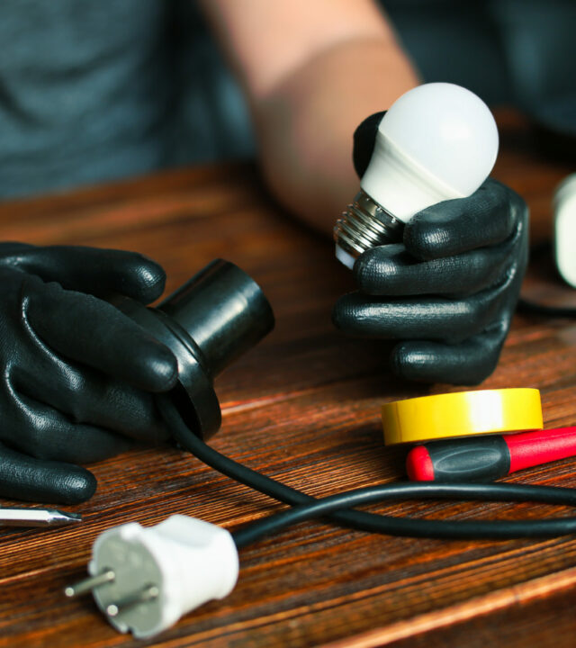 Man fixing desk lamp wires top view. Electrician repairing lights. Technician service workplace concept. Tools and instruments on table. Male hands holding electronic broken parts, details. High